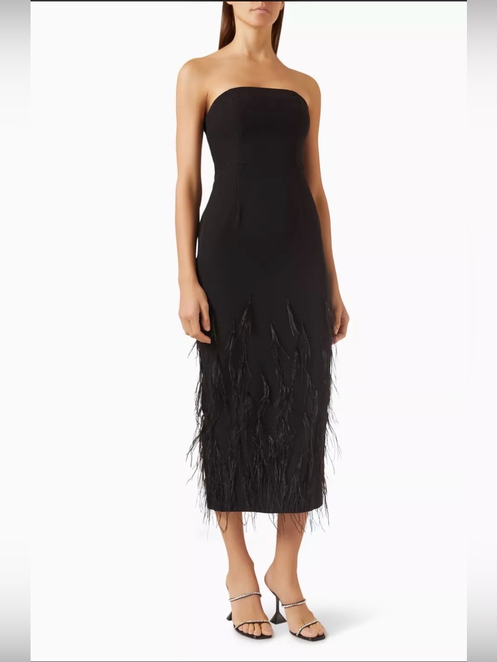 Milly Black Strapless Ostrich Feather Hem Midi Cocktail Dress Size 8